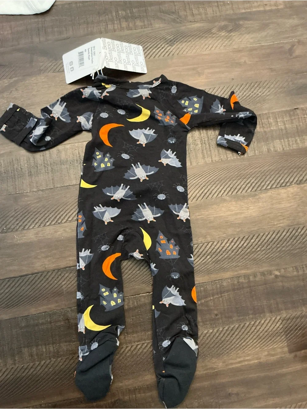 Bestaroo Zip-Front Footed One-Piece in Black with Bat & Moon Print spooky nights